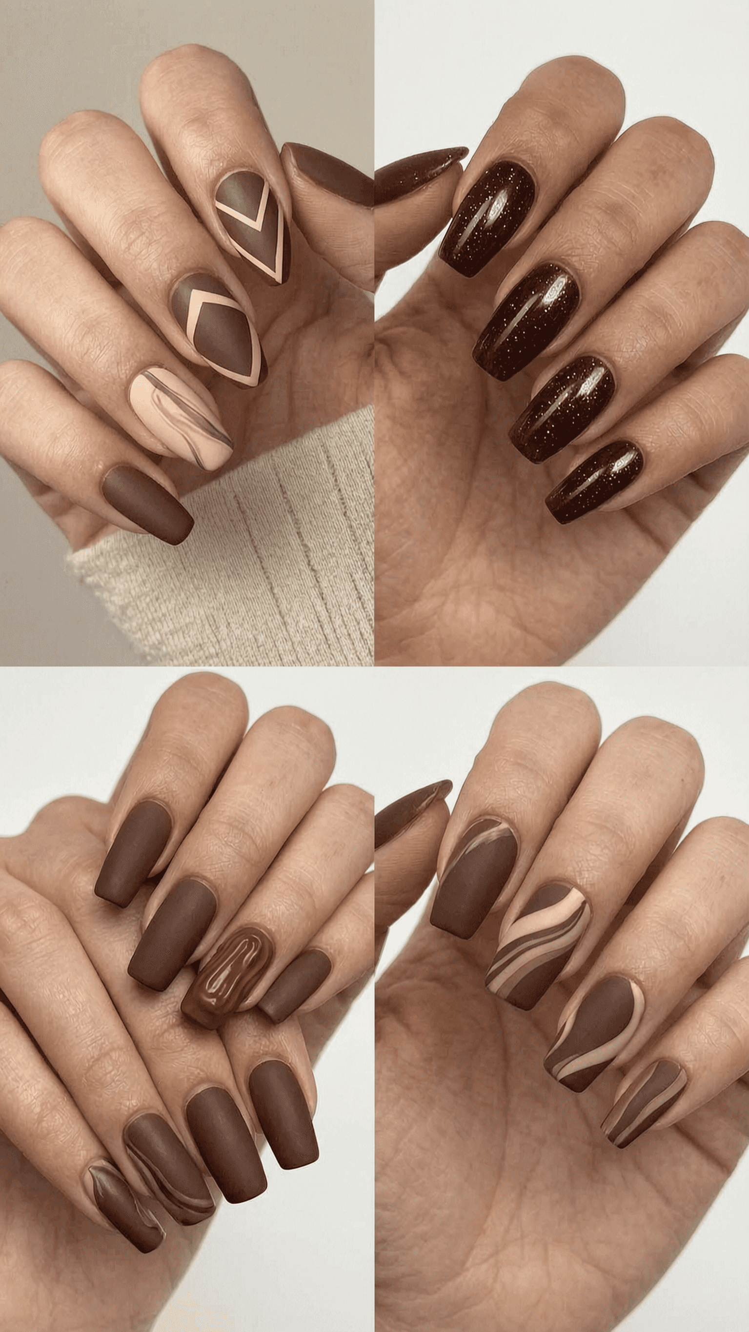 6 brown nail ideas on manicured hands, tagged brown nails, nail inspo, fall nails.