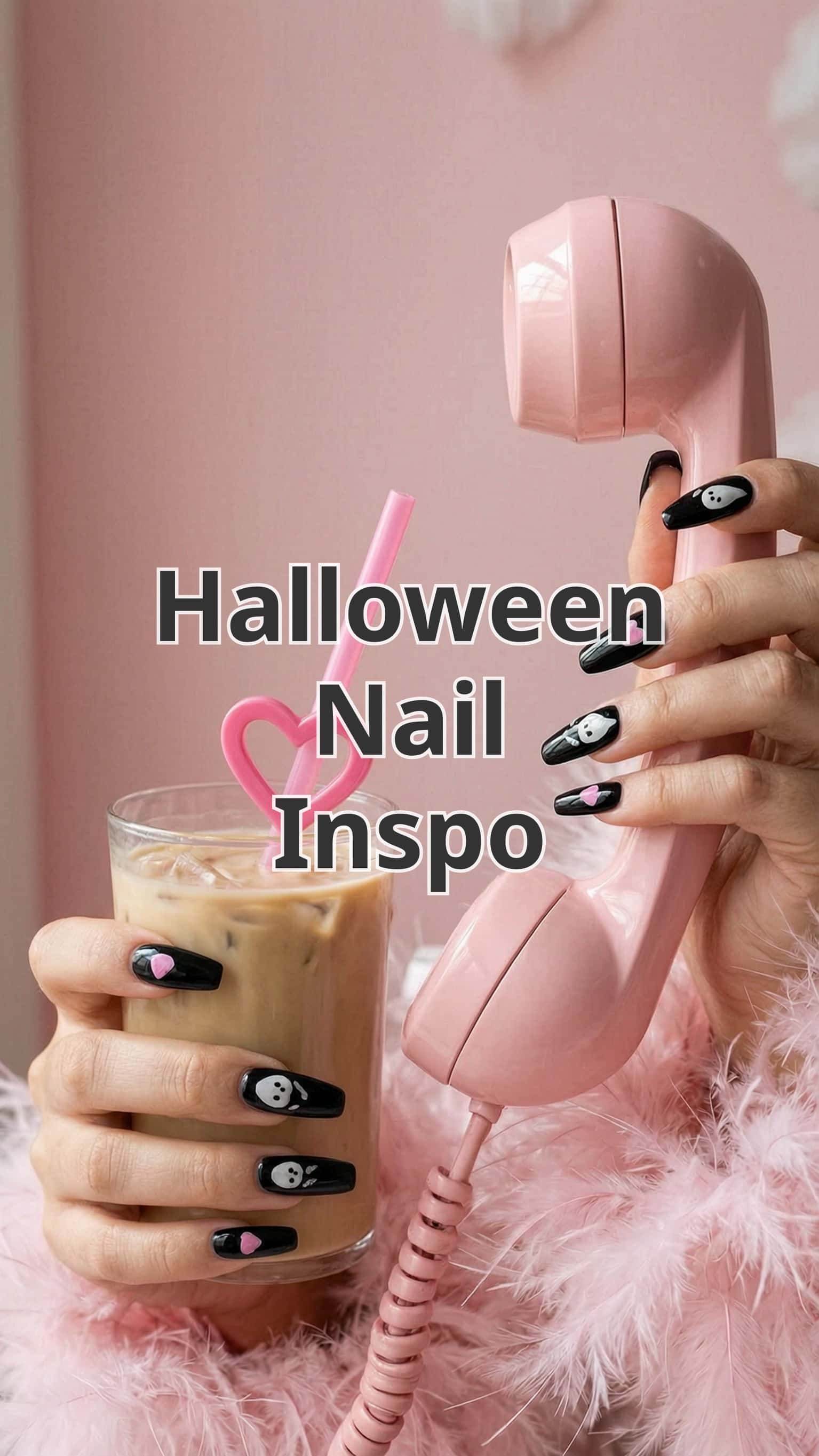 5 halloween nail ideas on manicured hands, including creepy clowns, haunted kitty, friendly ghosts, bats.