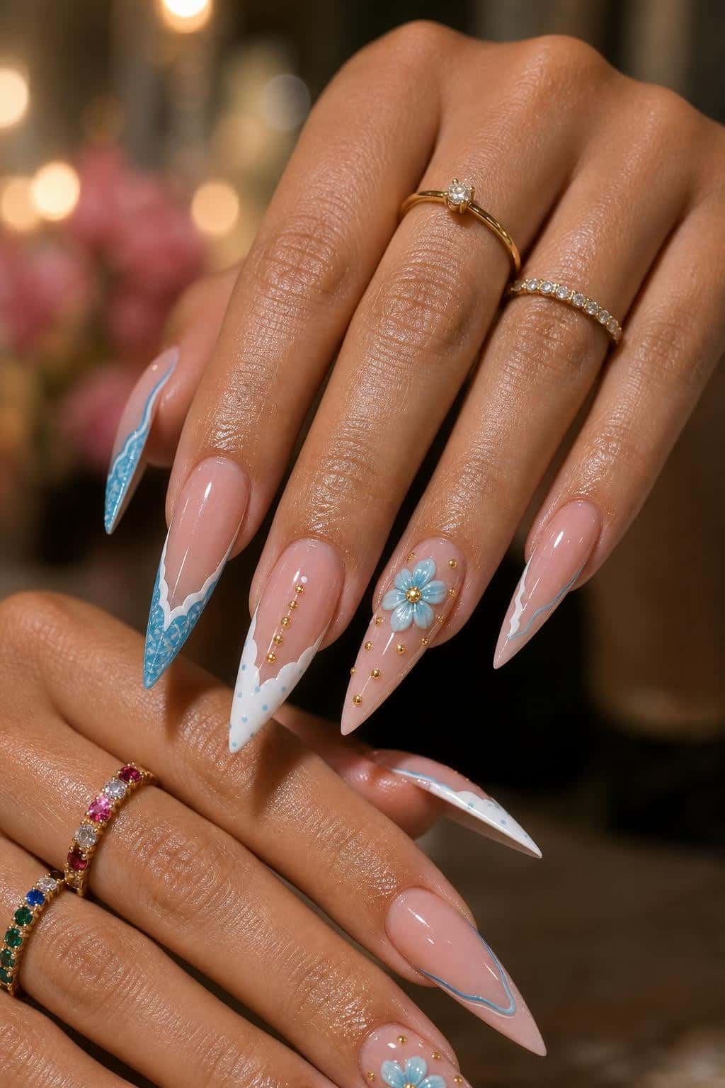 4 french tip nail ideas on manicured hands, tagged nail art, long nails, french nails.