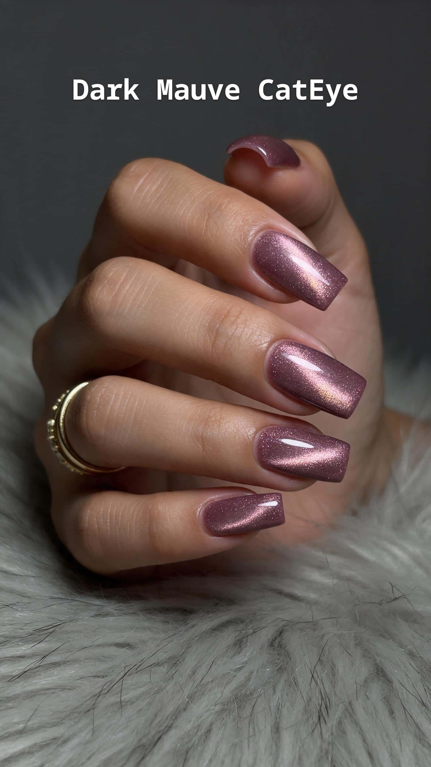 5 chrome nail ideas on manicured hands, including dark mauve cateye, ghostly, pumpkinish, amber chrome.