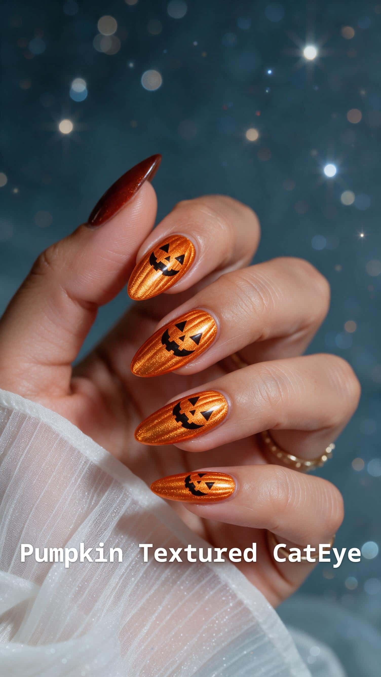 5 chrome nail ideas on manicured hands, including dark mauve cateye, ghostly, pumpkinish, amber chrome.