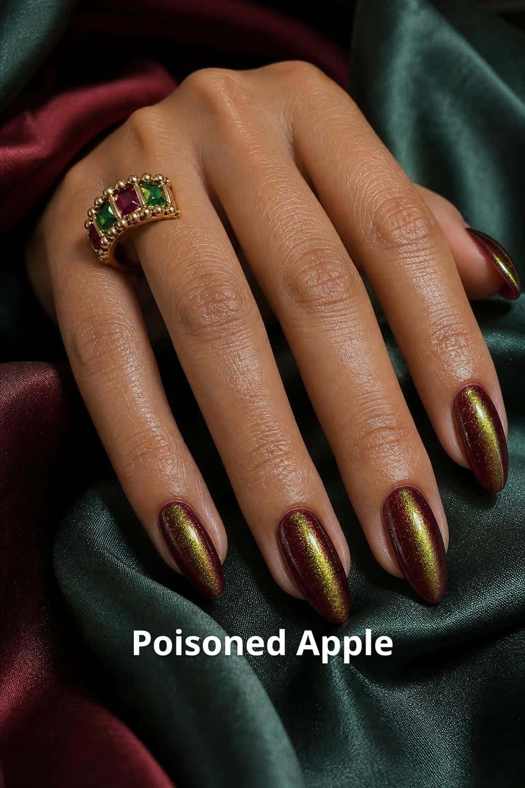 5 gold nail ideas on manicured hands, including poisoned apple, lunar gold, reversed, ristretto milk.