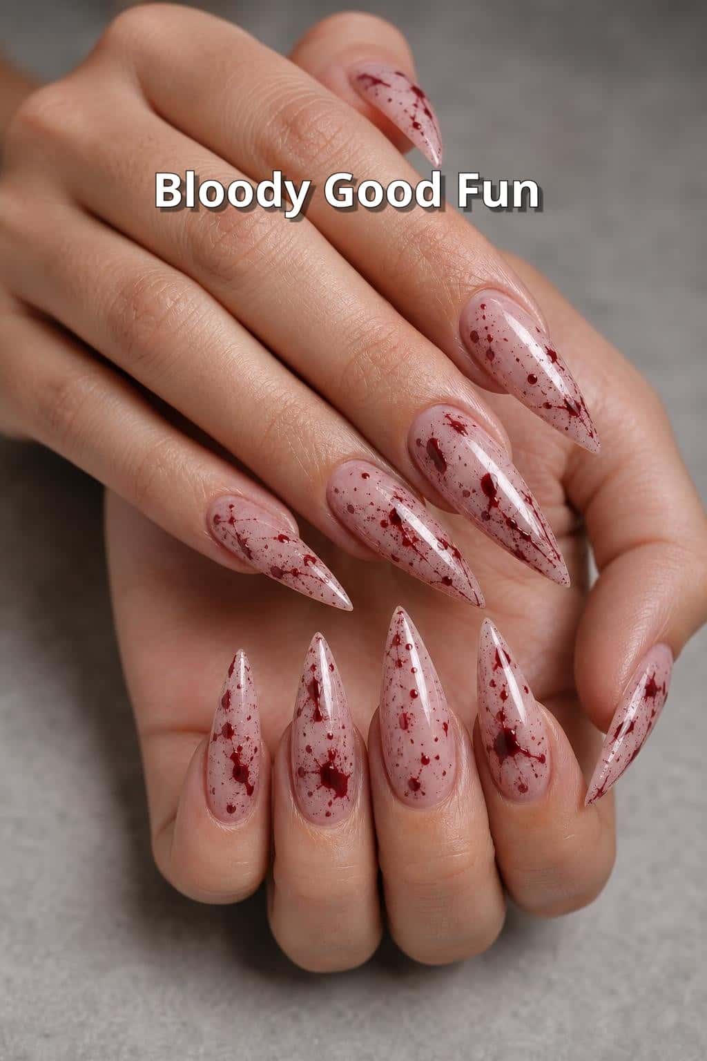5 halloween nail ideas on manicured hands, including spooky spirits, vampire vixen, candy corn cuties, bloody good fun.