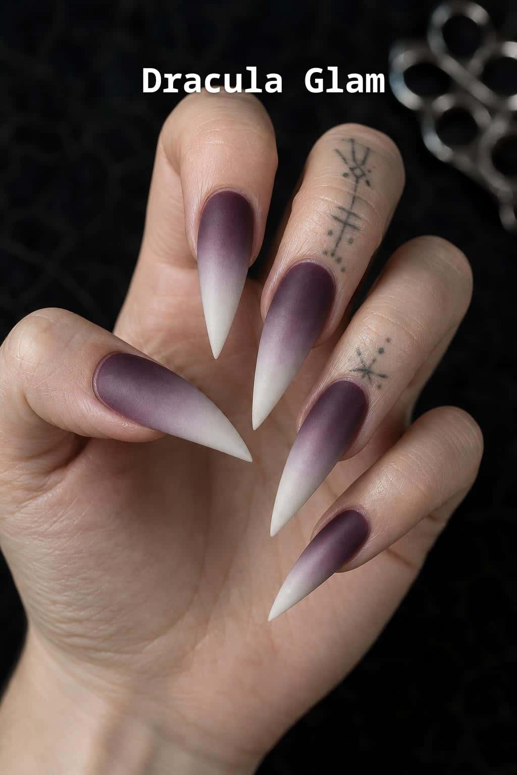 5 chrome nail ideas on manicured hands, including dementor, pumpkin patch, batty chrome, crime scene.