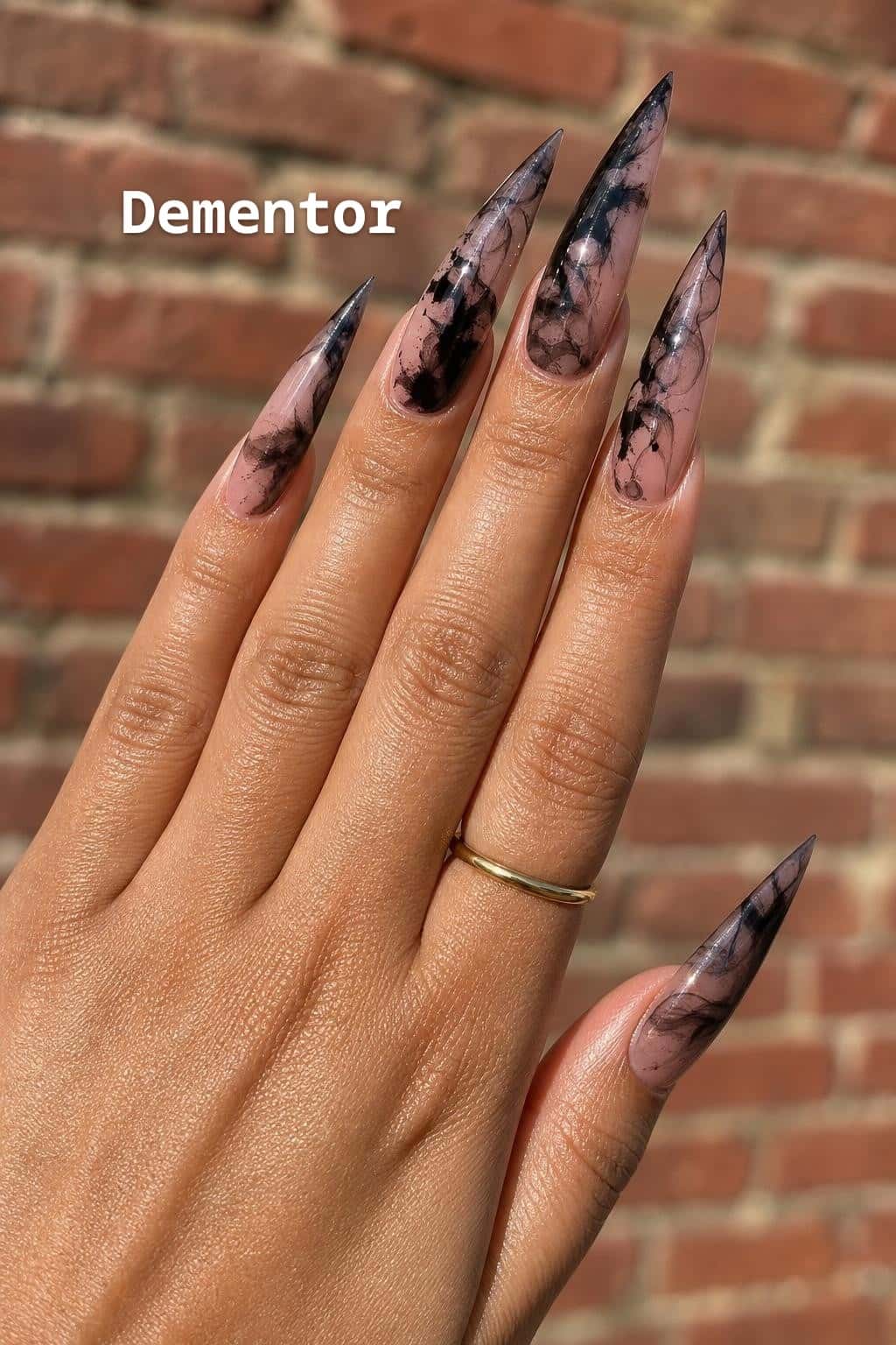 5 chrome nail ideas on manicured hands, including dementor, pumpkin patch, batty chrome, crime scene.