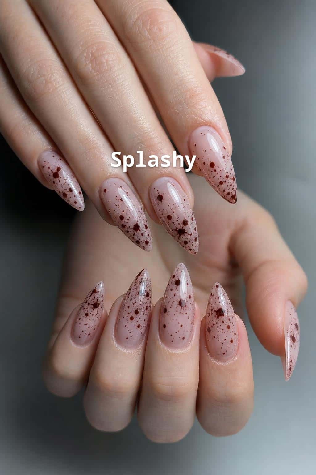 5 chrome nail ideas on manicured hands, including dementor, pumpkin patch, batty chrome, crime scene.