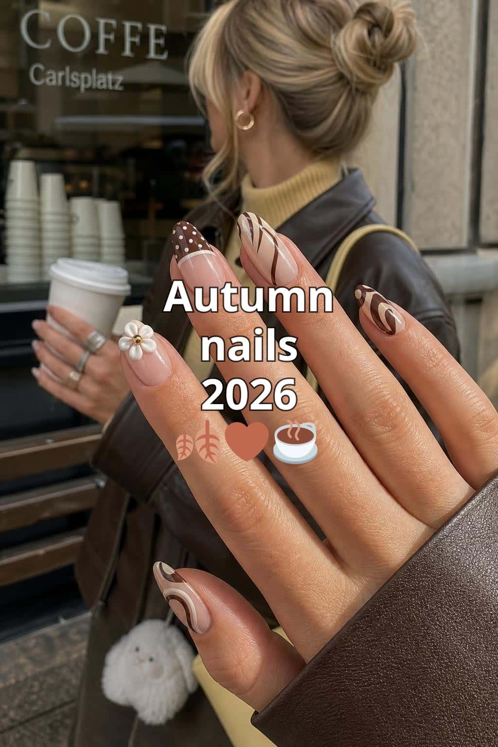4 fall nail ideas on manicured hands, tagged autumn nail art, fall nails, nail trends.
