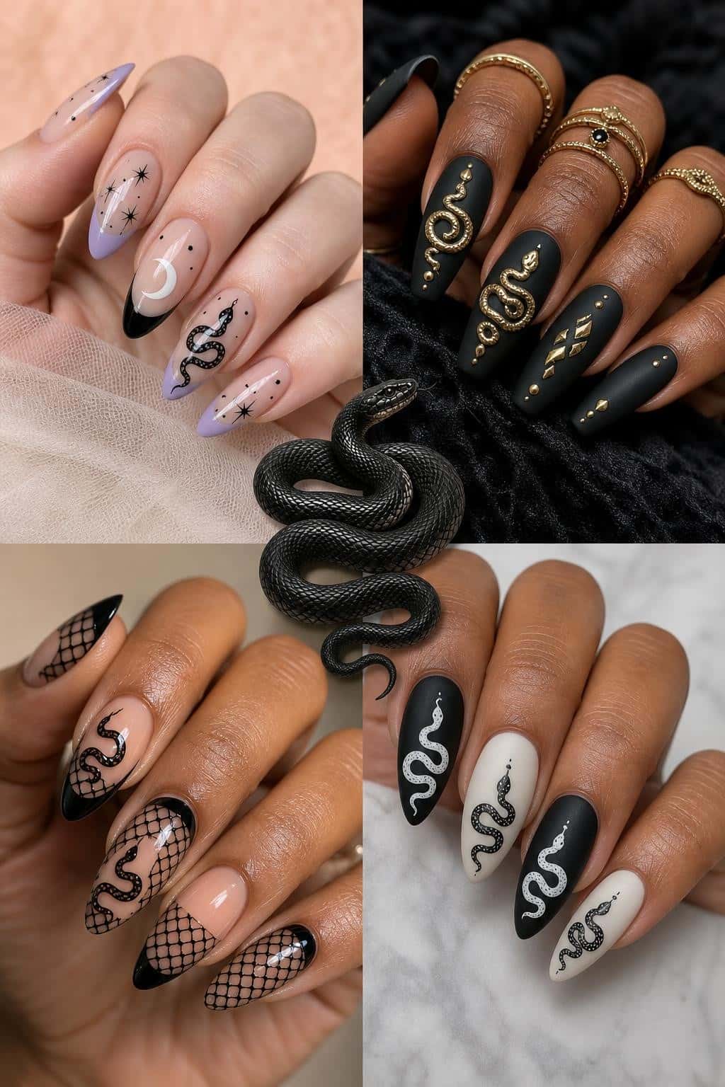 7 black nail ideas on manicured hands, including black cats, bloody drips, bats, snakes & mystical.