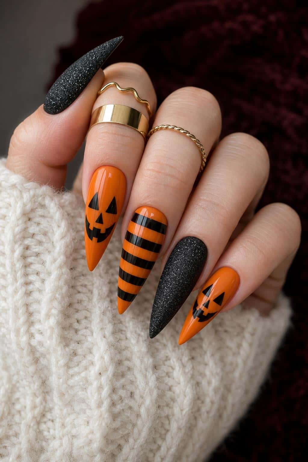 7 black nail ideas on manicured hands, including black cats, bloody drips, bats, snakes & mystical.