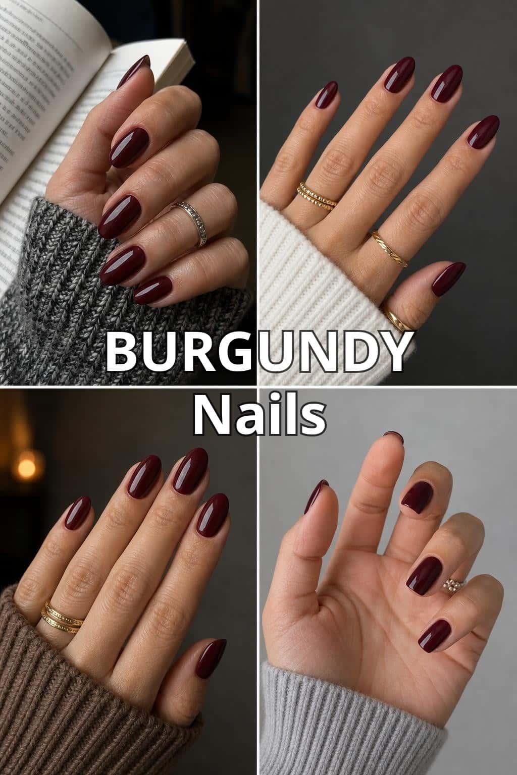 7 chrome nail ideas on manicured hands, including burgundy nails, chocolate nails, autumn chrome nails, pokadot nails.