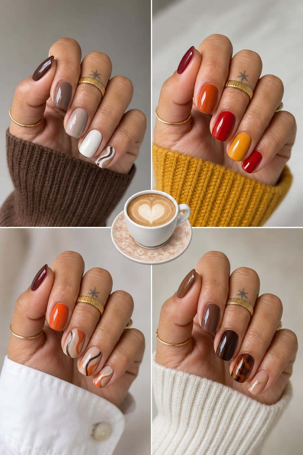 4 fall nail ideas on manicured hands, tagged fall nails, cozyvibes, autumn nails.