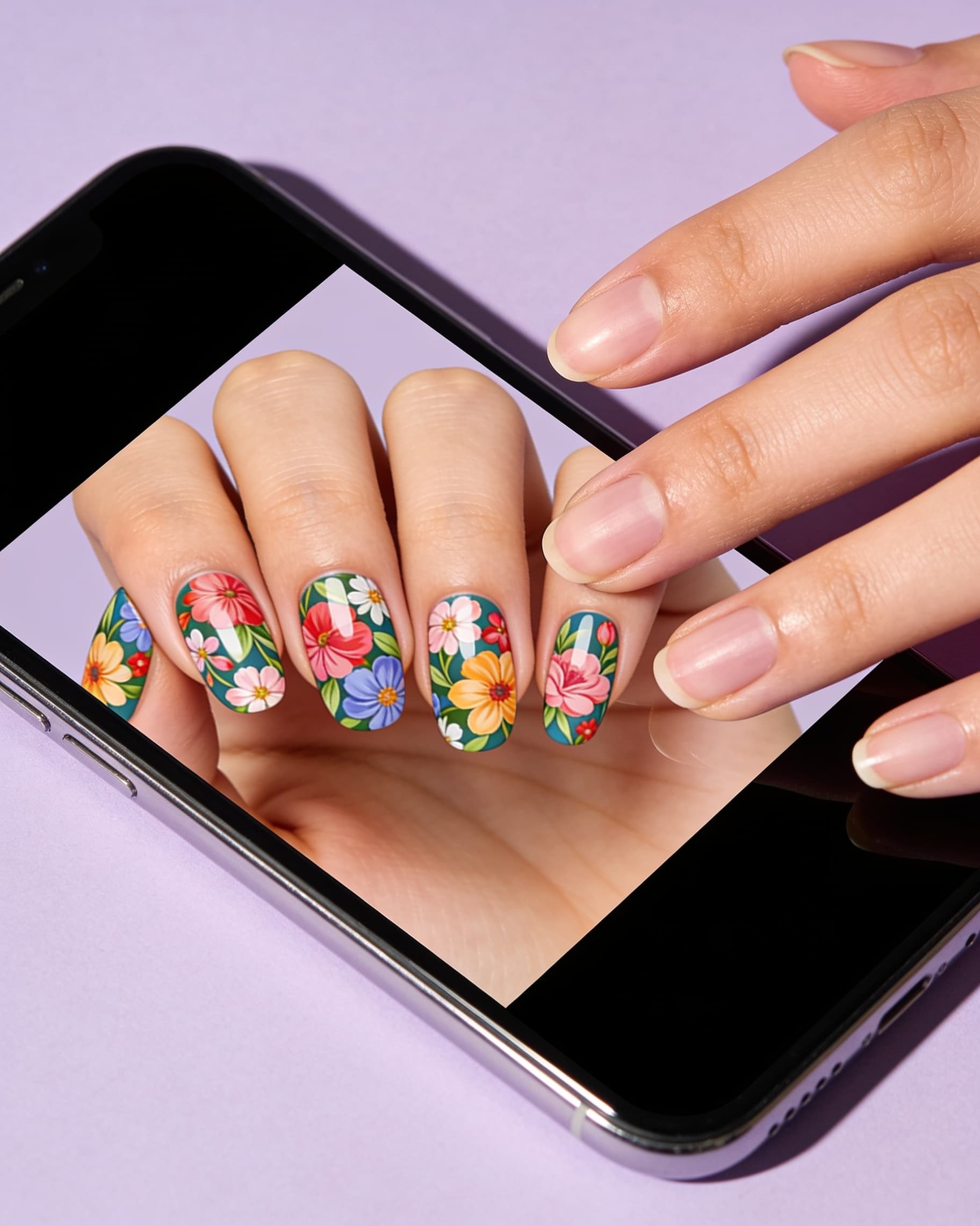 Before-and-after style AI nail try-on on a creator's phone