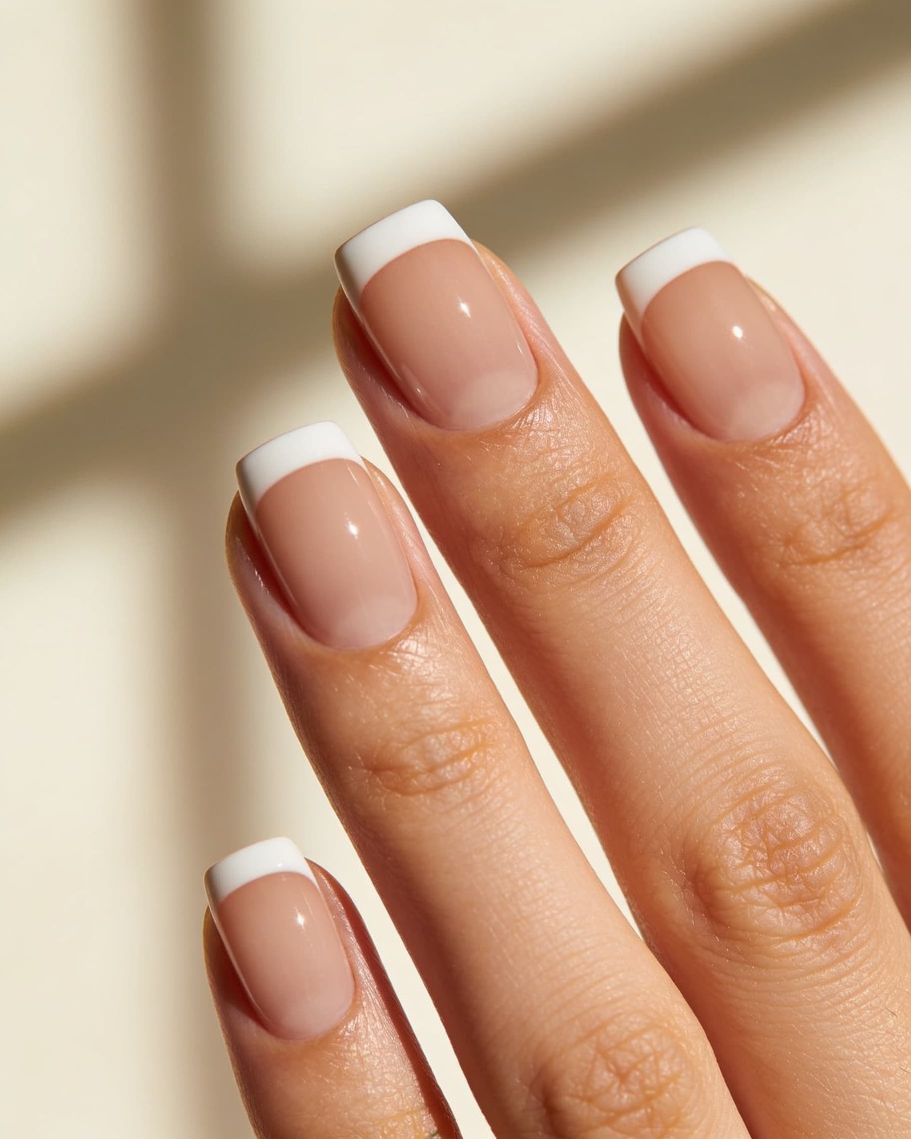 Classic French manicure AI preview: white tips on nude base created with NailMock
