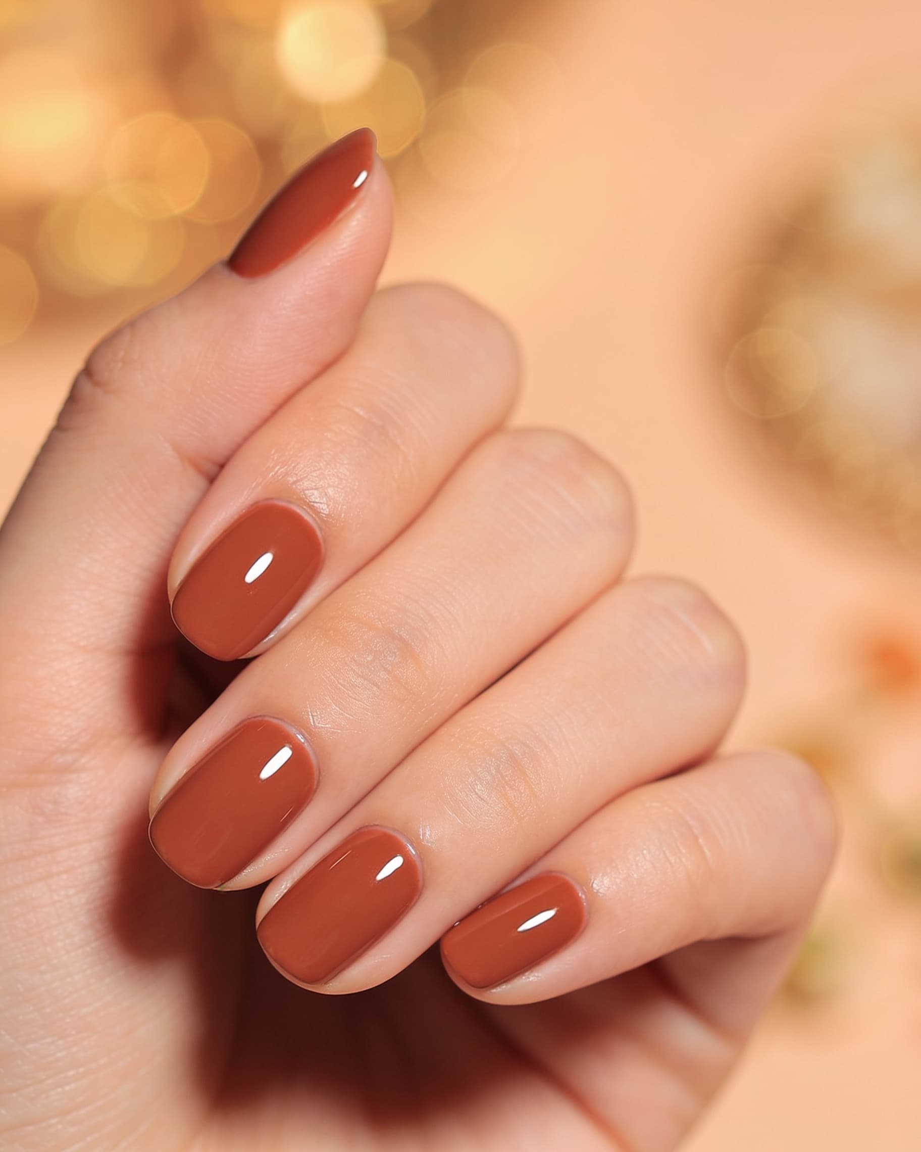 Gel polish manicure preview: glossy terracotta nails visualized with NailMock