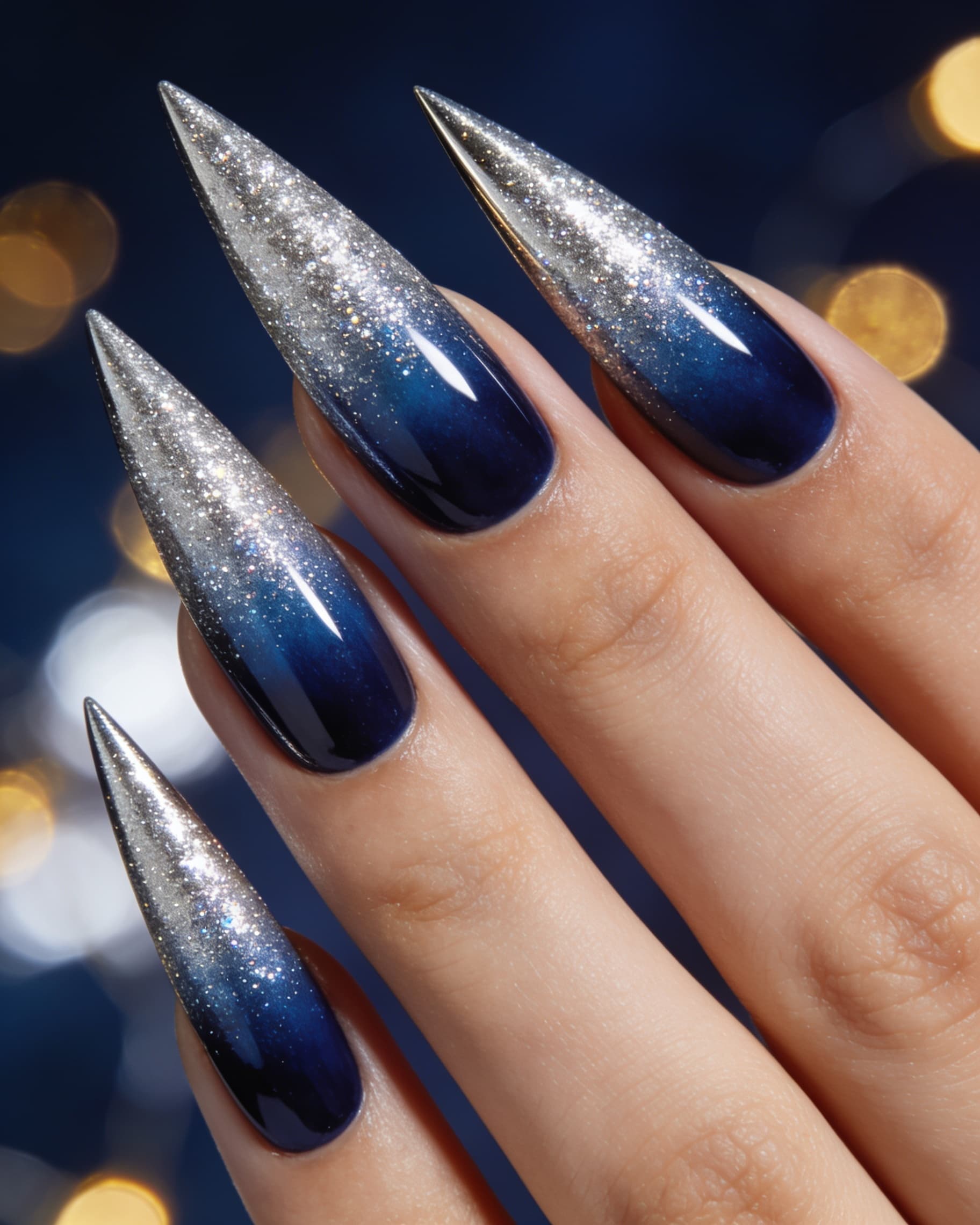 Glitter ombre nail art preview: navy to silver sparkle on stiletto nails, NailMock