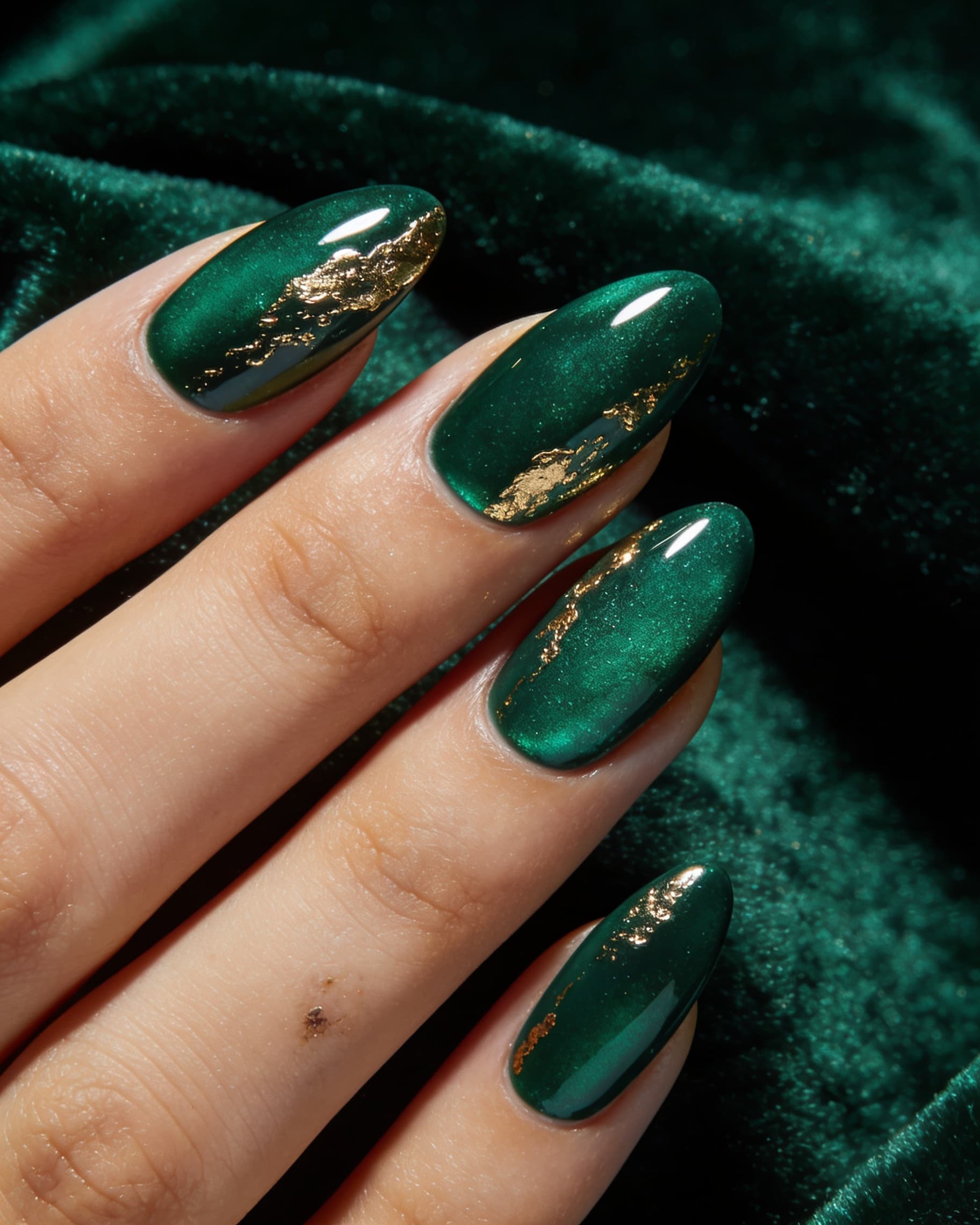 Jewel-tone emerald and gold nail art preview: luxury manicure on NailMock