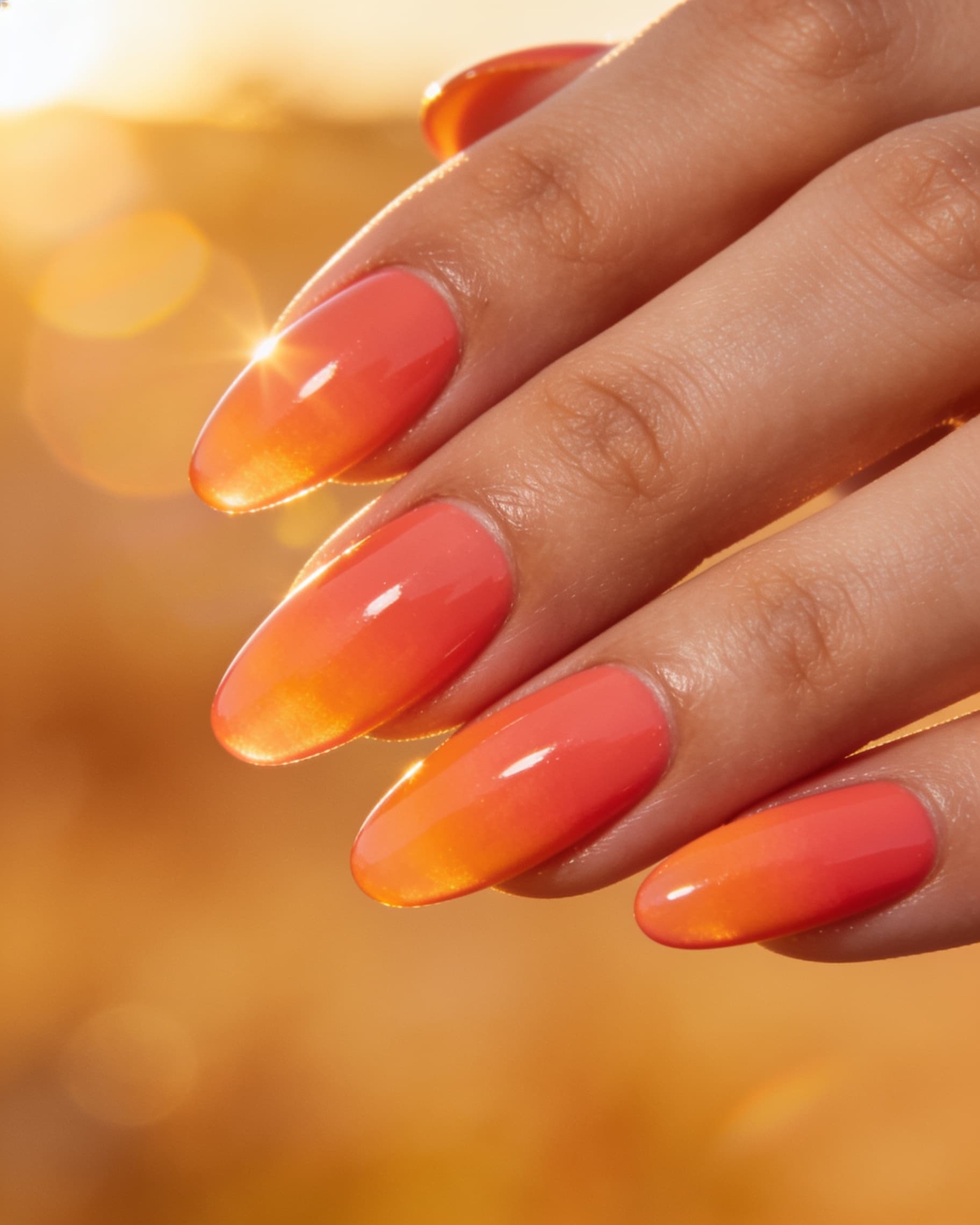 Sunset coral gradient nail preview: warm coral to tangerine ombre via AI try-on