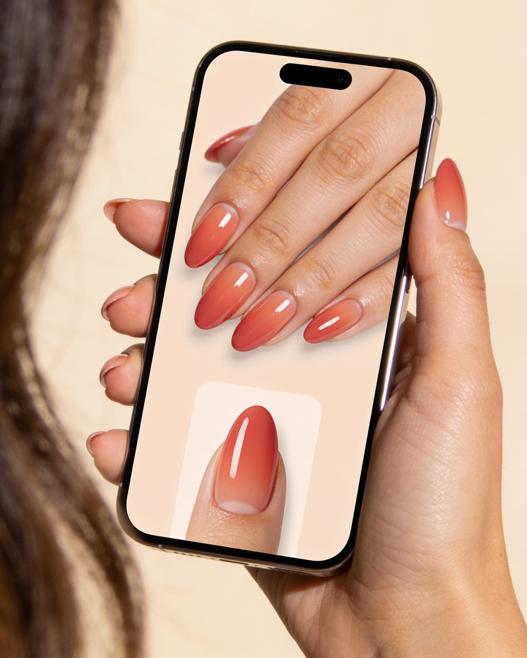 Personal AI nail try-on preview on a phone next to a real hand photo
