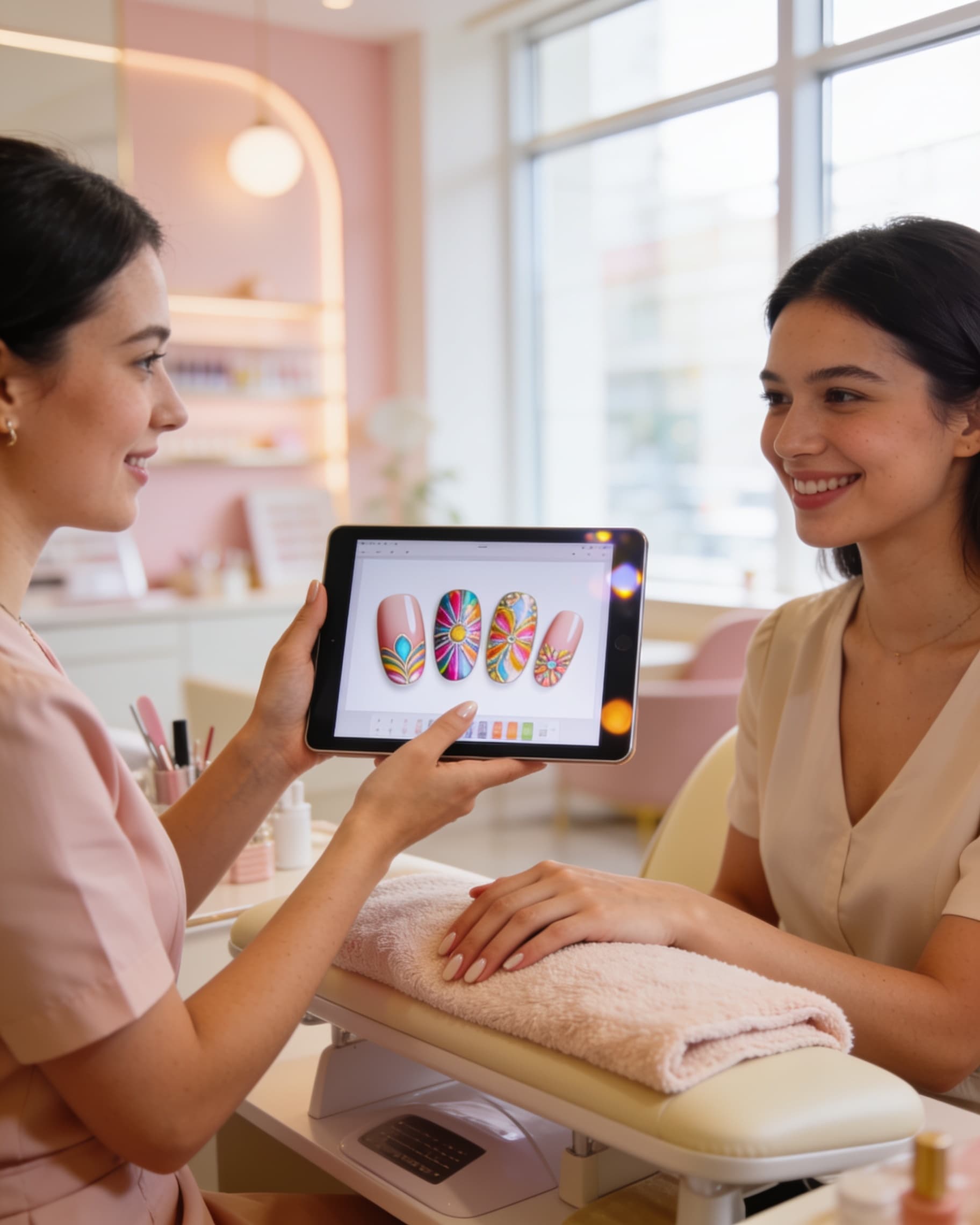 Nail technician showing an AI nail design preview to a client during salon consultation