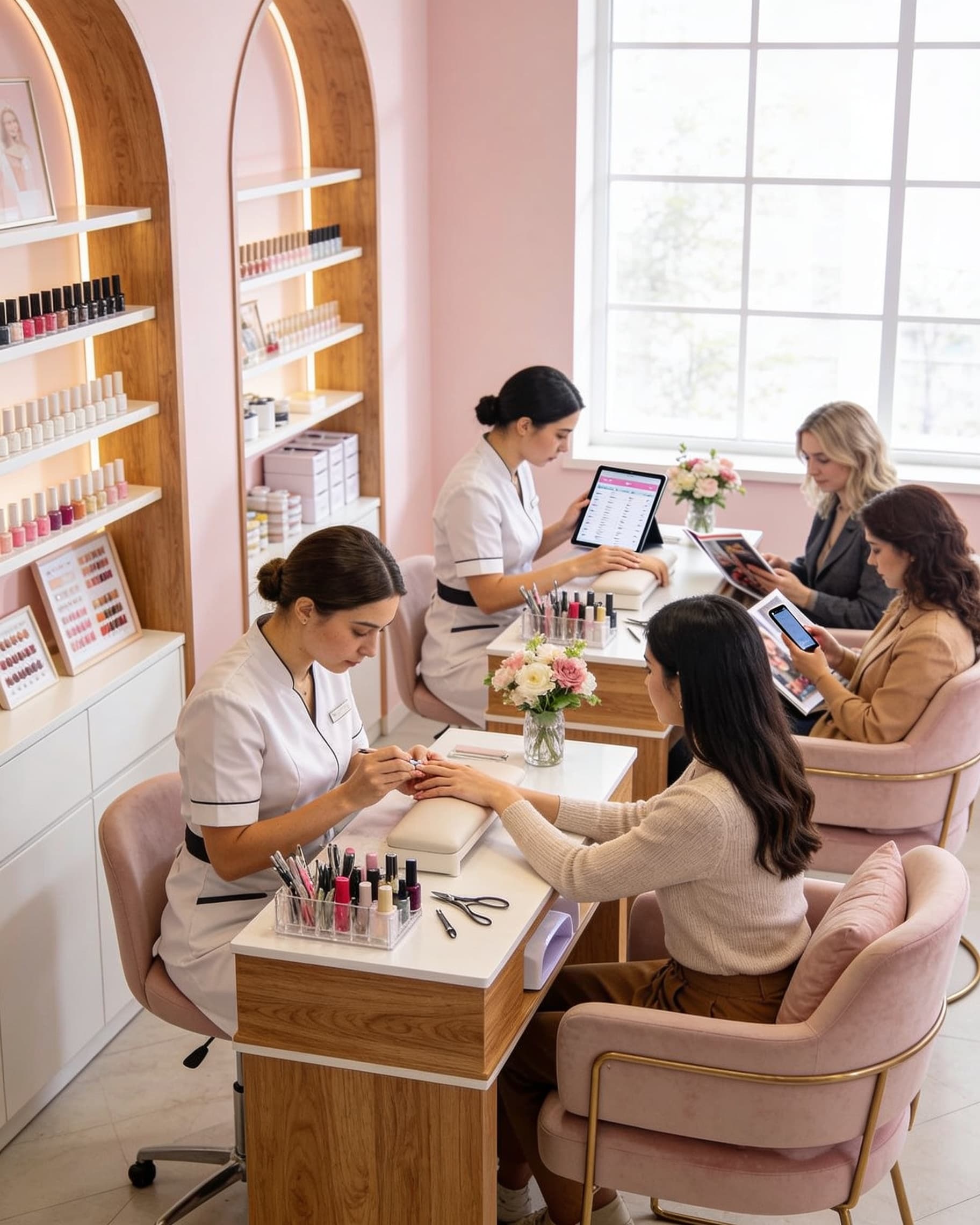 Nail salon team sharing a workspace for client sessions and previews
