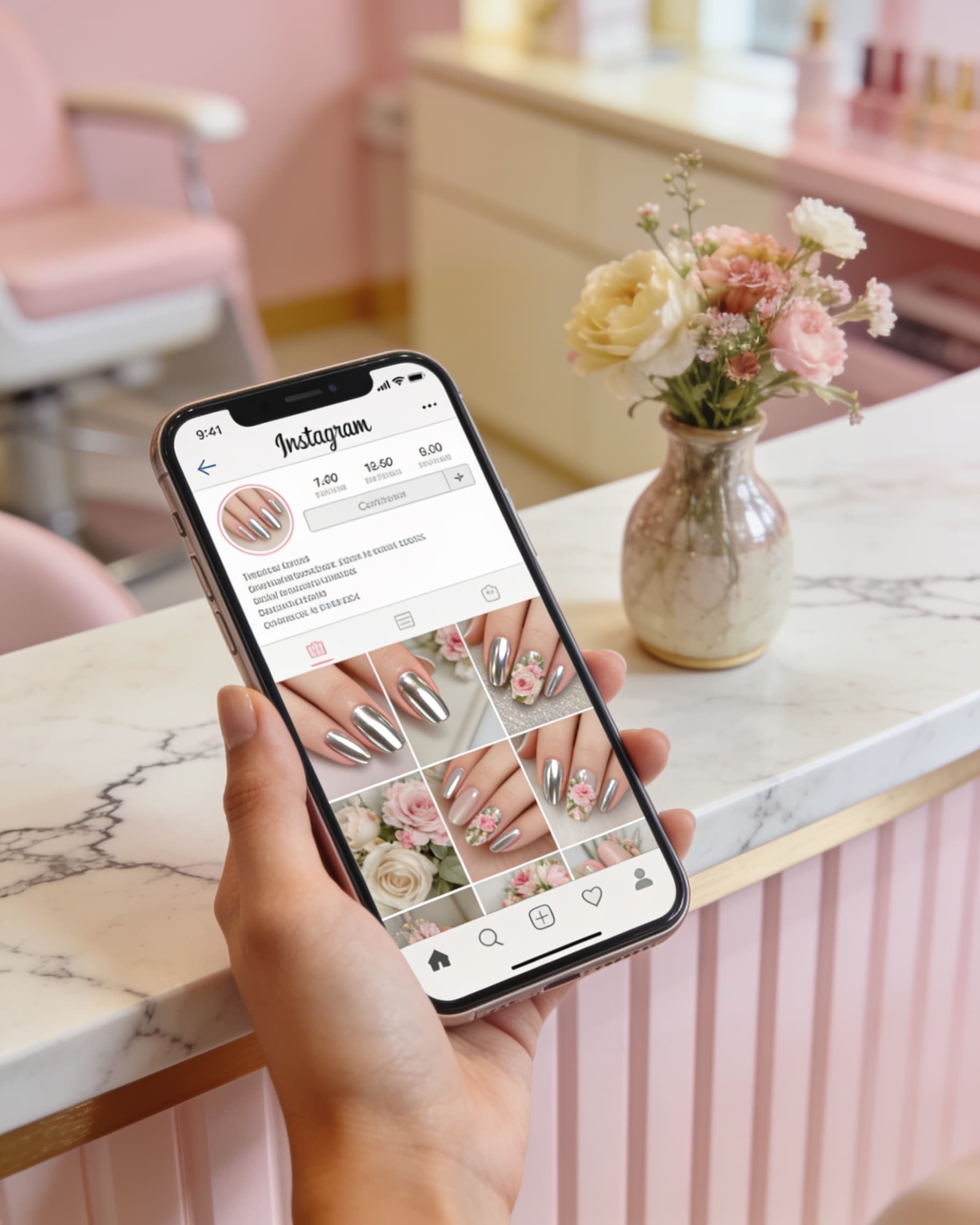 Smartphone showing nail salon social posts generated from templates