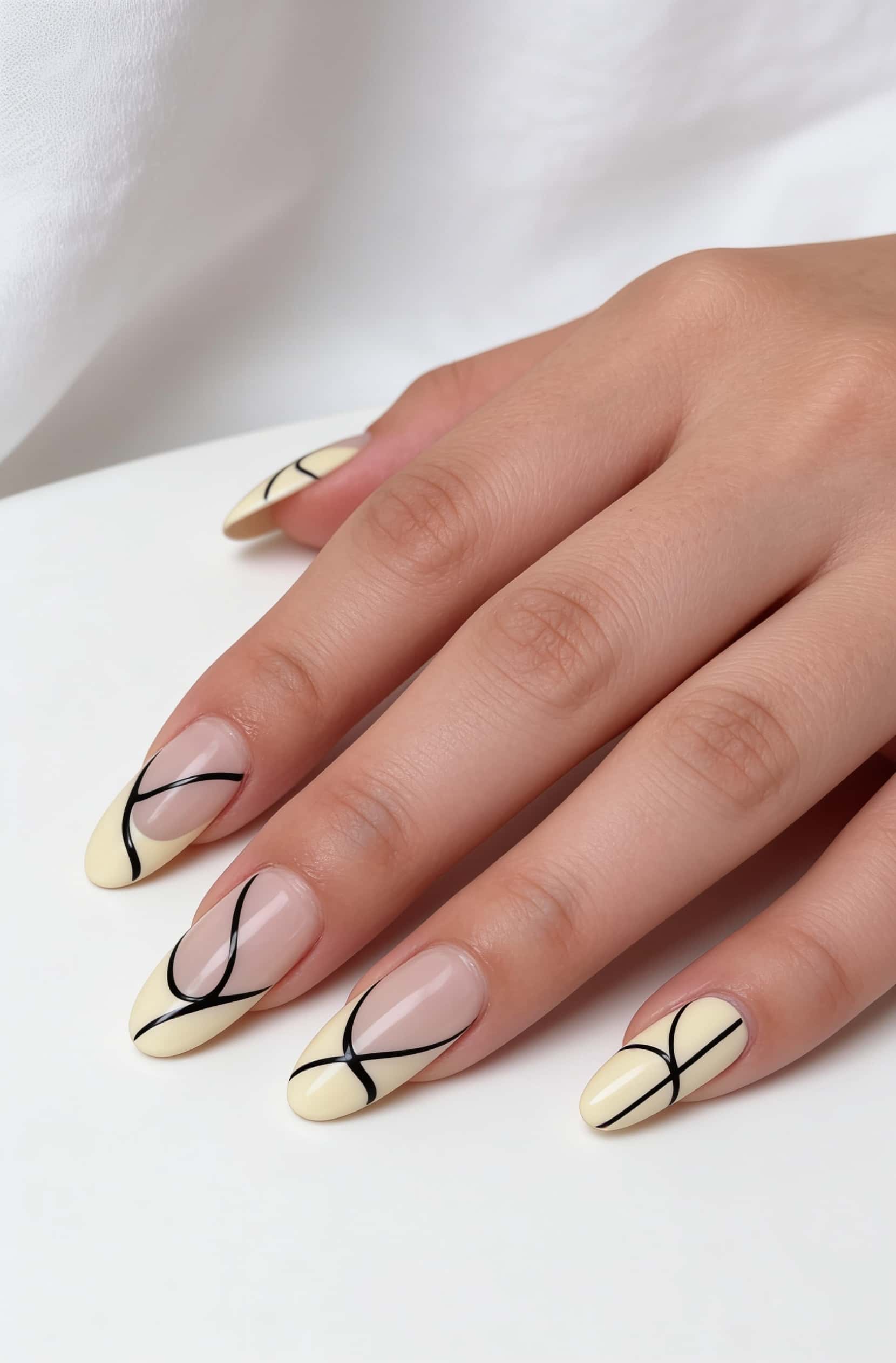 Long almond nails featuring a modern abstract line art design.