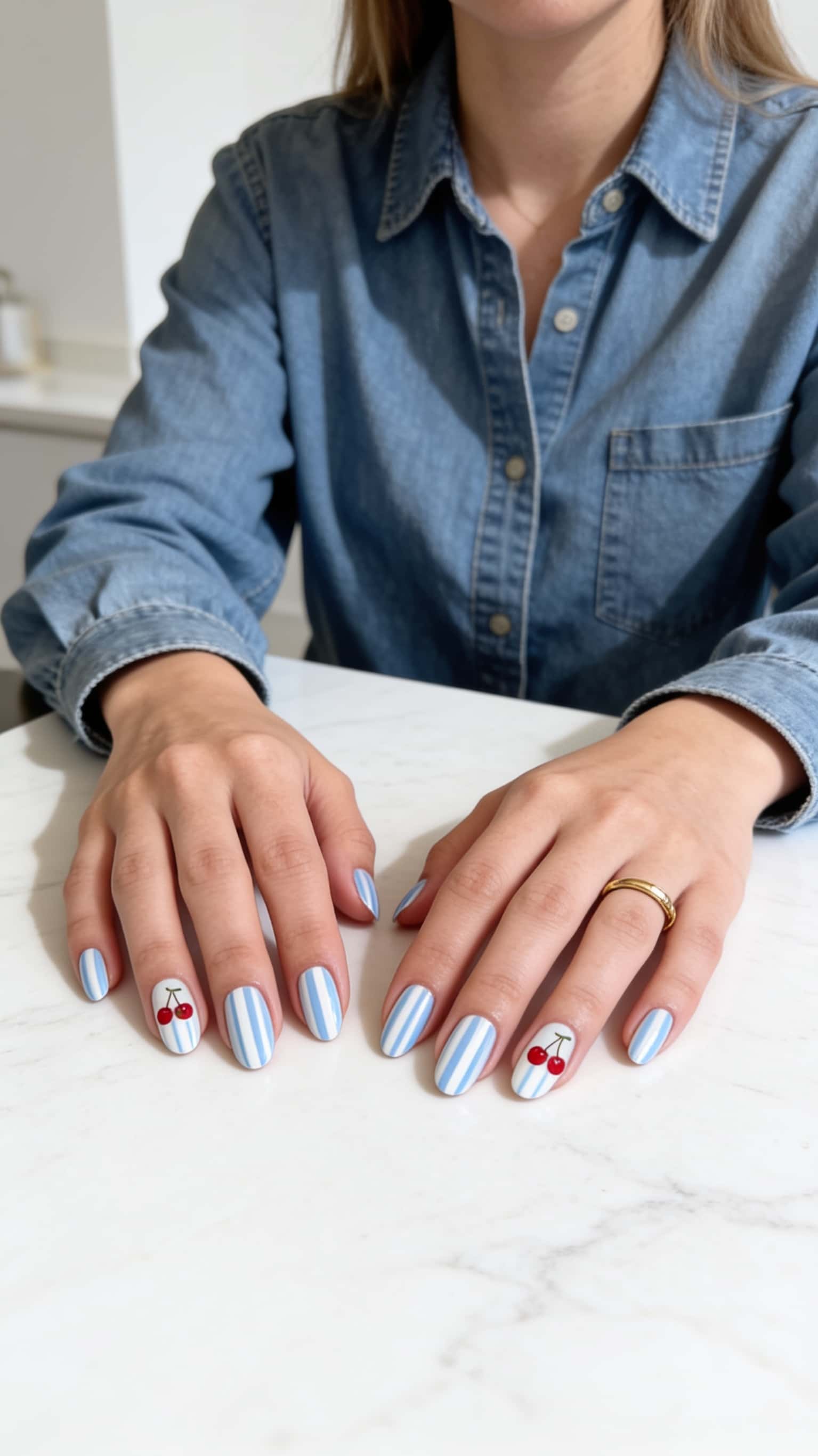 Blue and white striped oval nails with glossy finish and accent details.