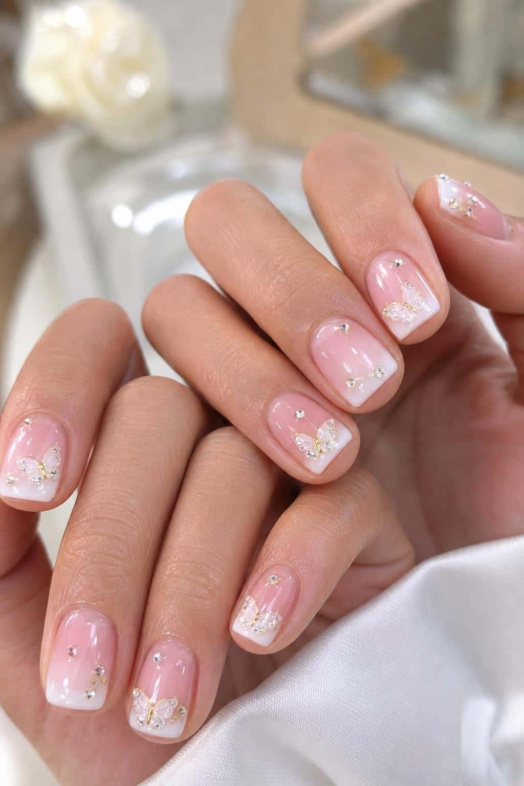 Short, rounded-square nails with pink ombre and white tips, adorned with 3D butterfly and rhinestones, glossy finish.