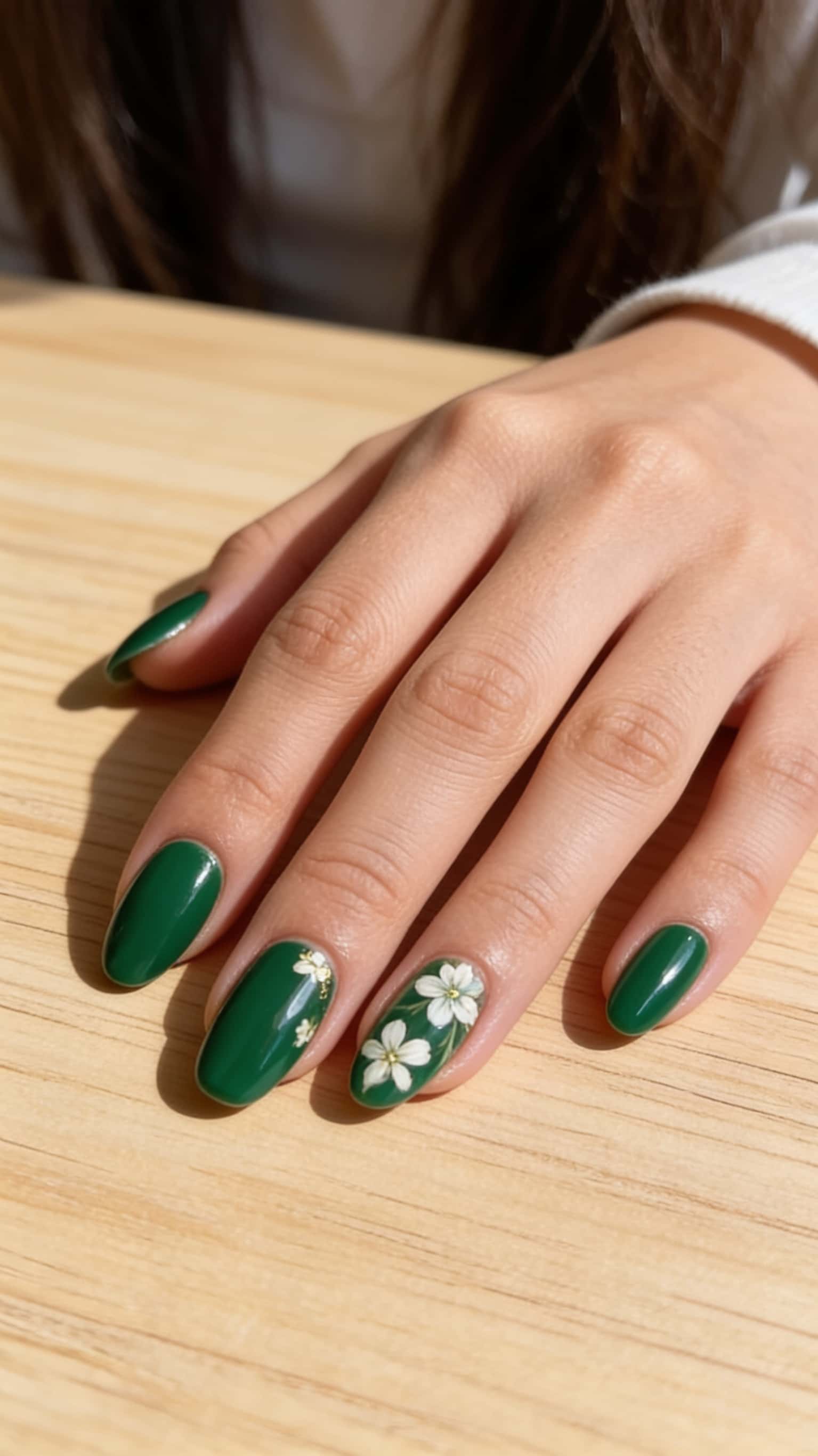 Glossy deep green oval nails with white floral designs and gold accents on accent fingers.