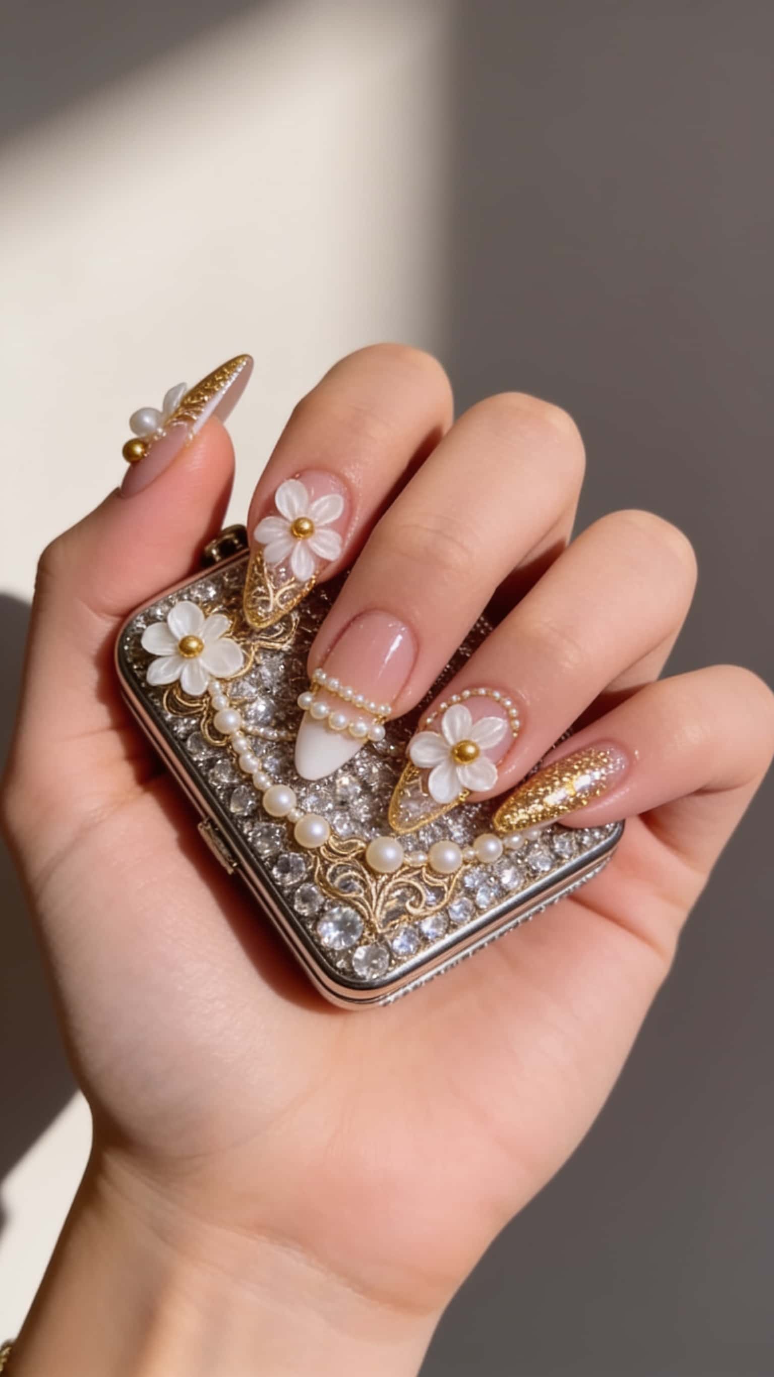 Long almond nails featuring a mix of nude bases, gold glitter tips, 3D white flowers, pearls, and gold filigree details.