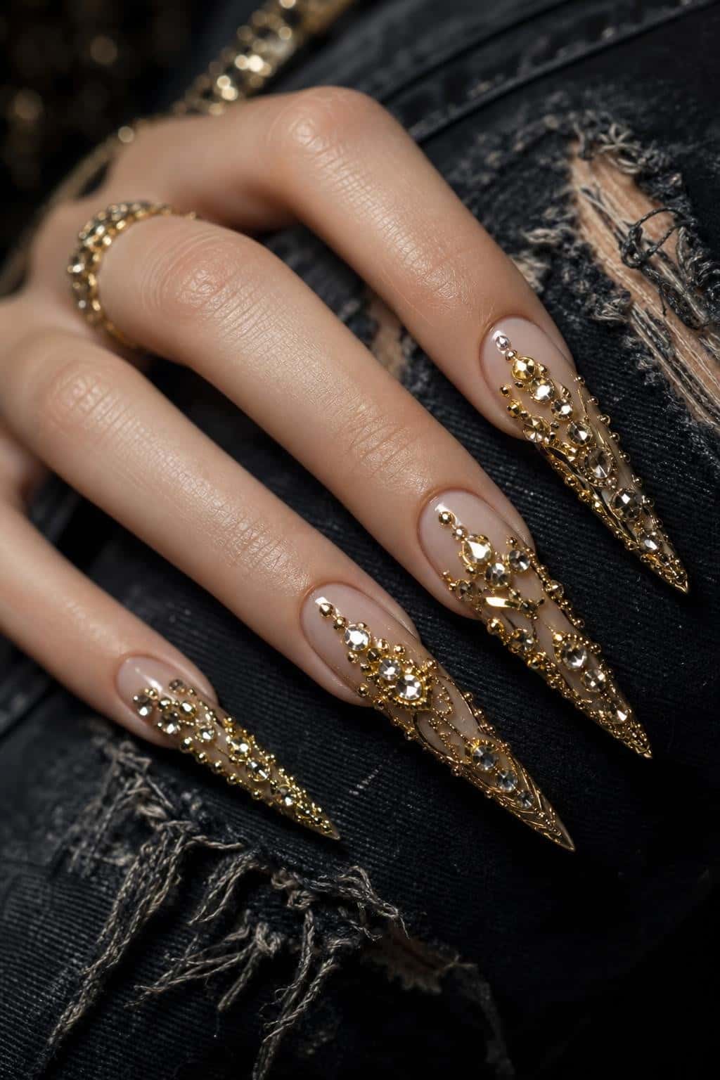 Long stiletto nails with a sheer nude base, heavily embellished with intricate gold rhinestones and studs.