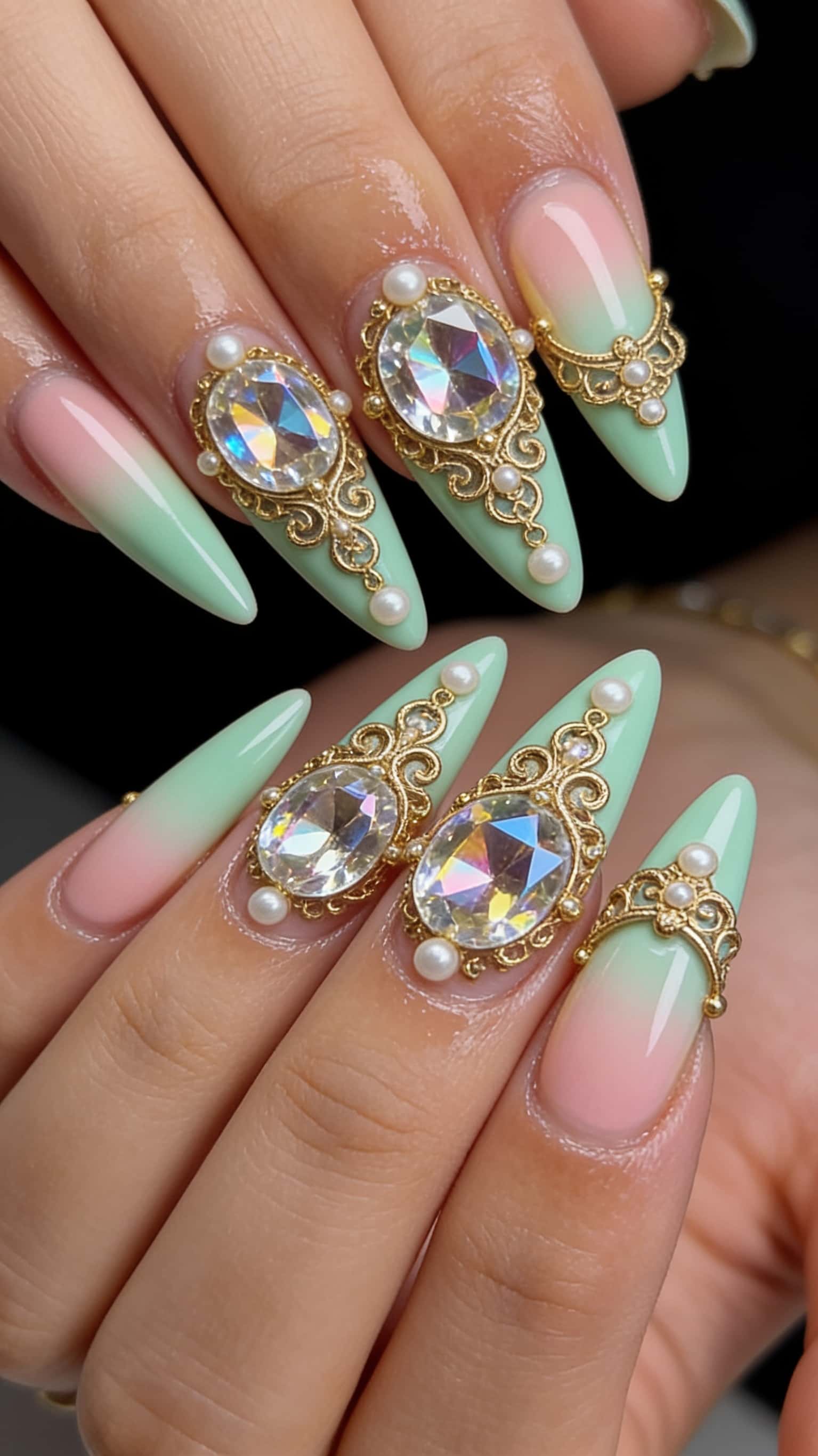 Long stiletto nails with a pastel pink to mint green ombre, heavily embellished with ornate gold settings, large iridescent rhinestones, and pearls.