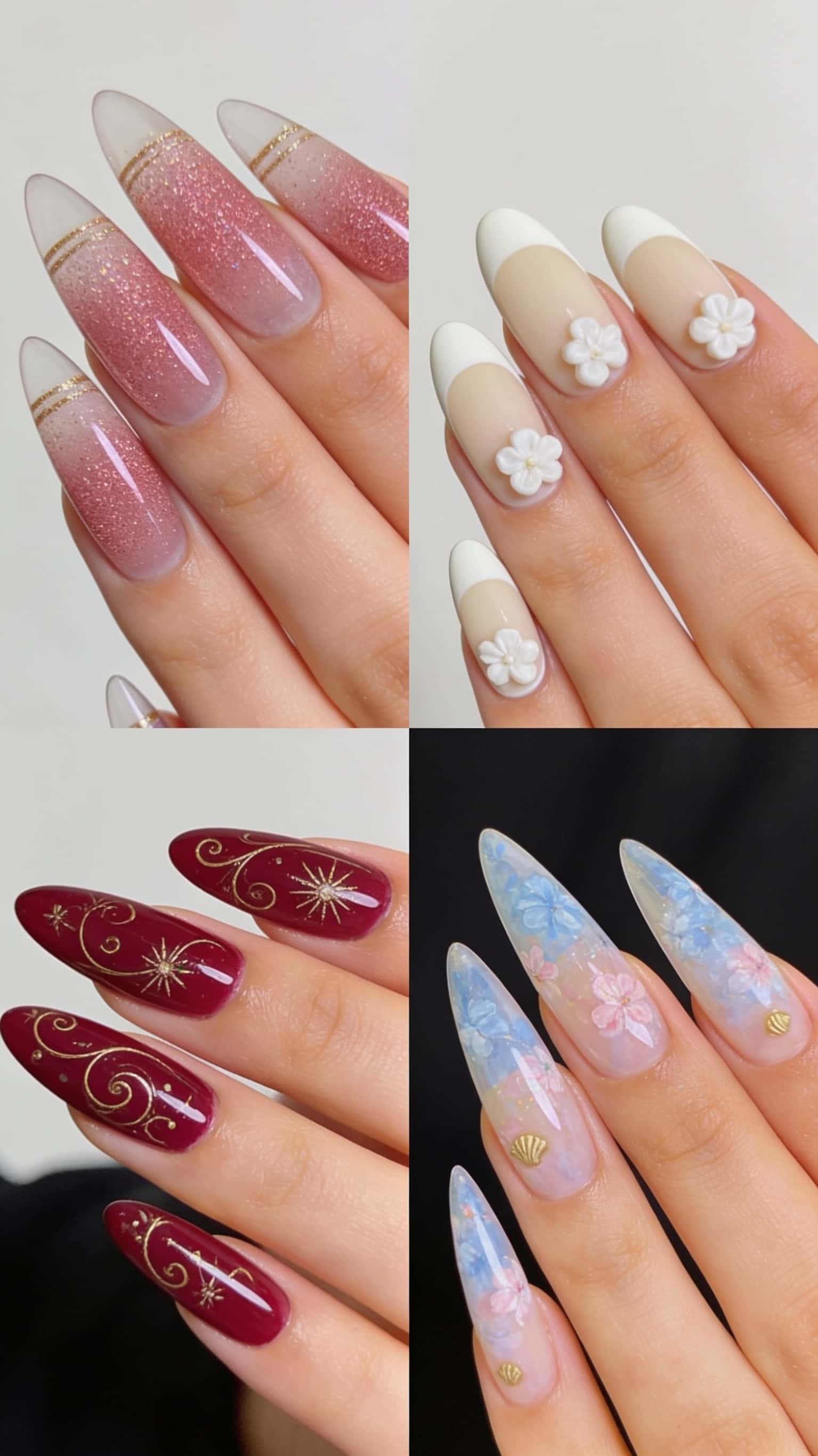 Long almond nails with pink glitter ombre, clear tips, and delicate gold line accents.