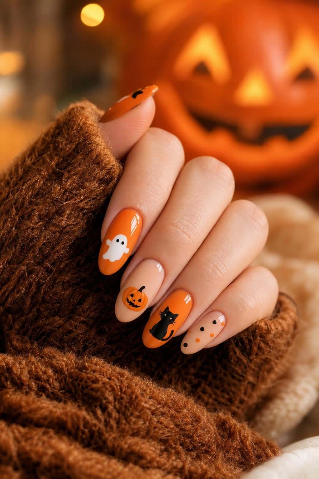 Almond nails with a playful Halloween theme, featuring ghosts, pumpkins, black cats, and polka dots on orange and nude bases.