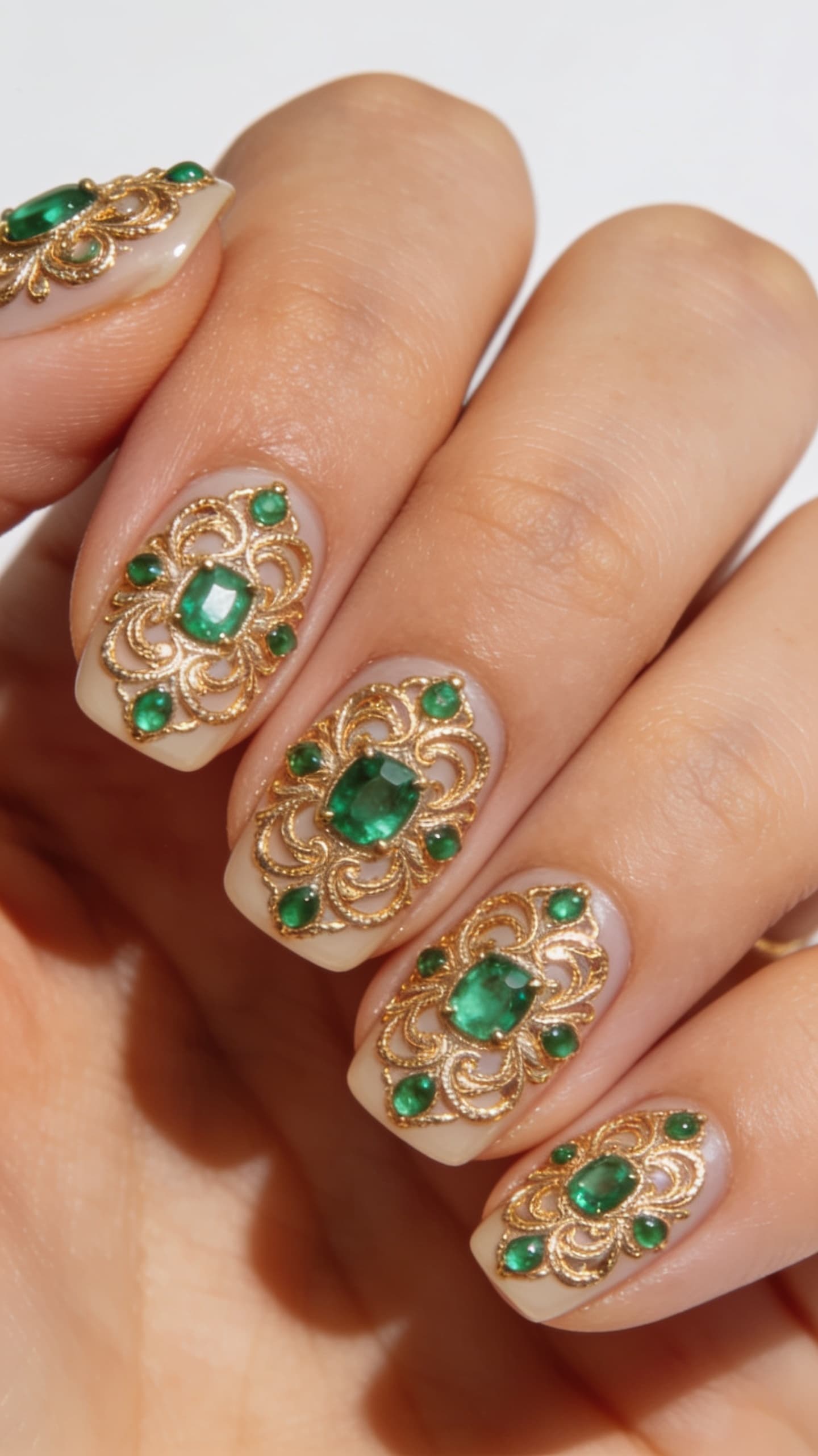 Regal Emerald Gold nail inspo with deep green polish and gold accents