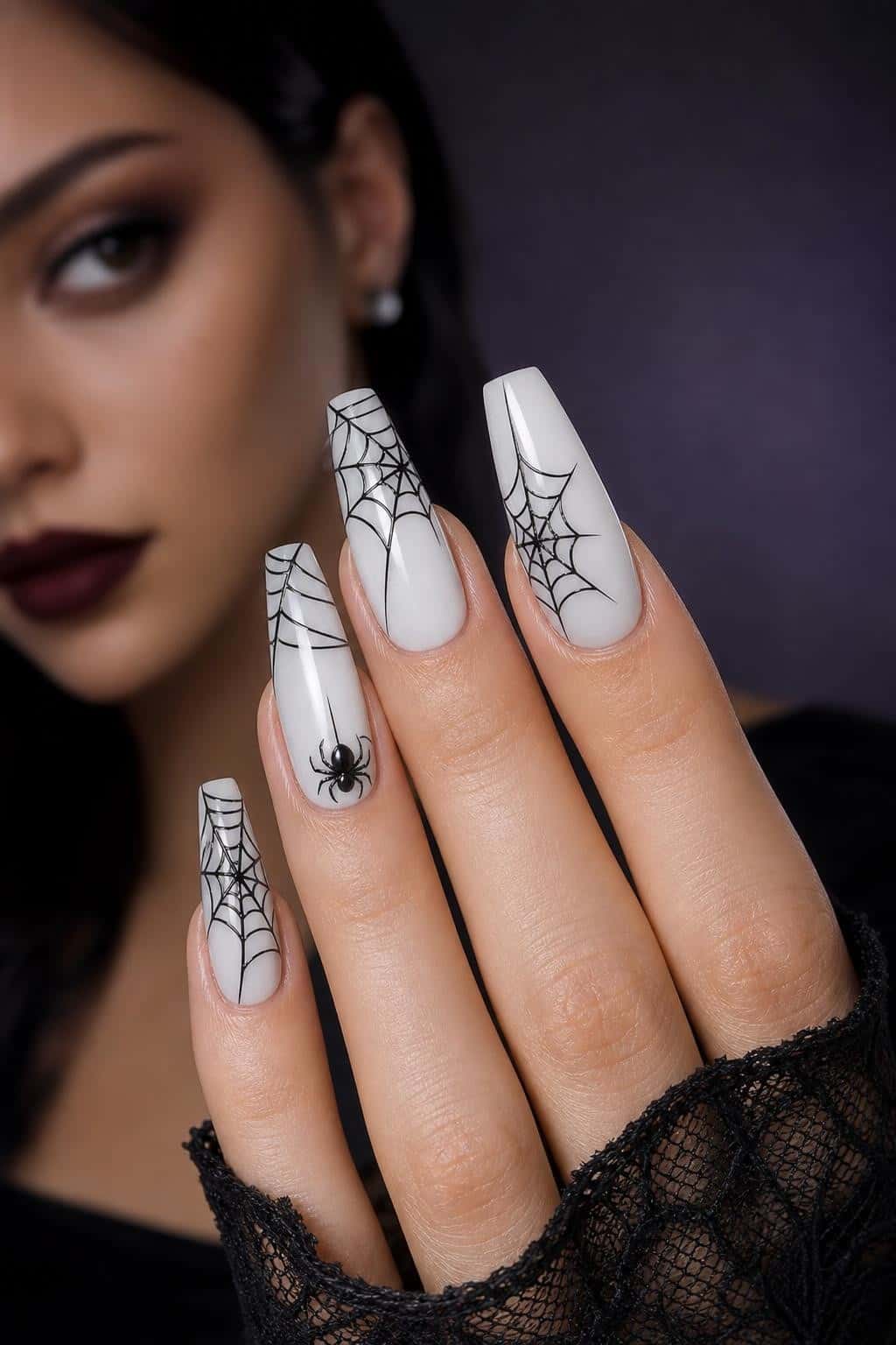Long coffin nails with a glossy white base featuring black spiderweb patterns and a black spider accent.