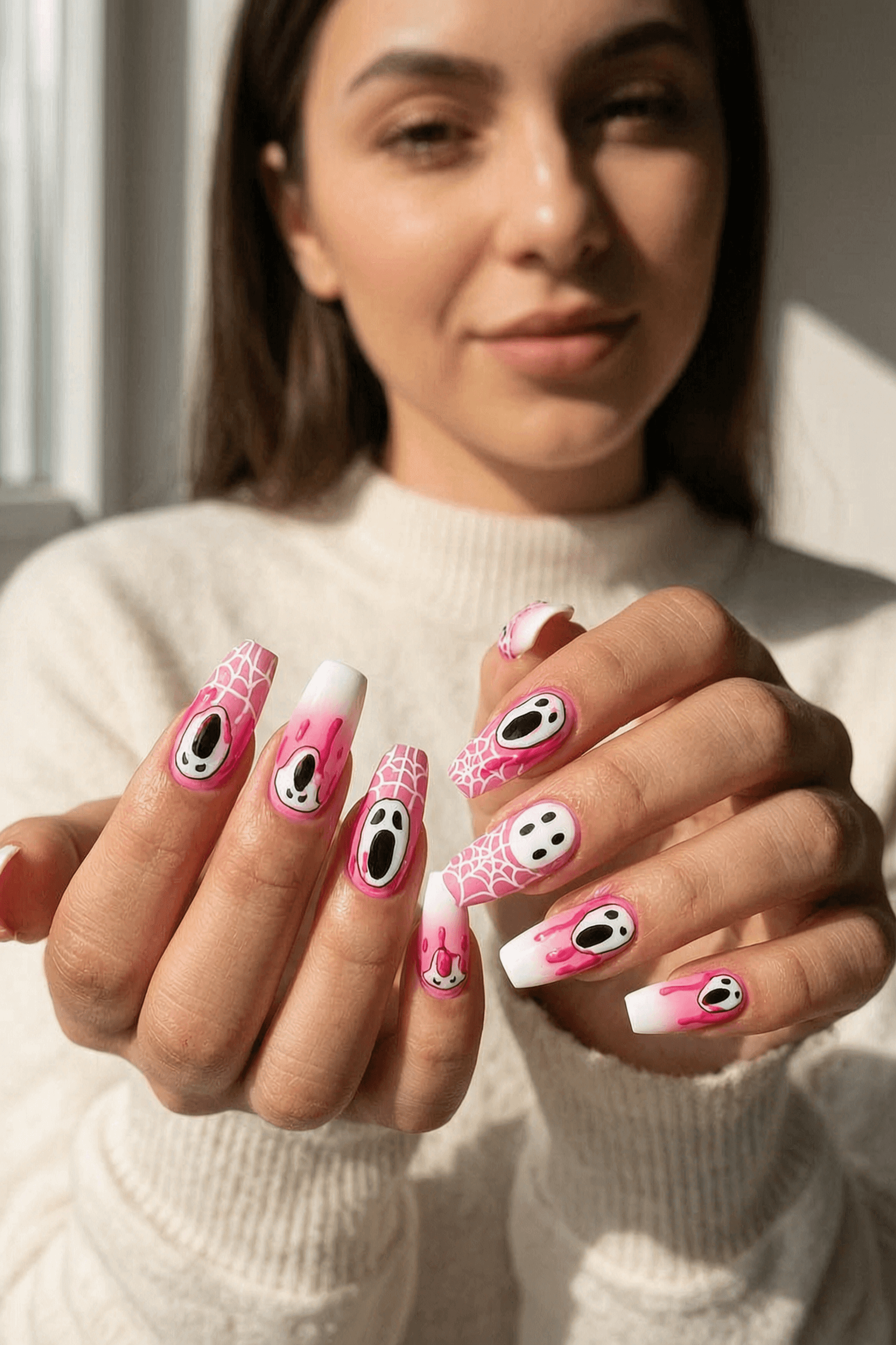Long coffin nails with a playful spooky design featuring pink and white ghost faces, pink drips, and white spiderweb patterns, some with pink to white ombre.