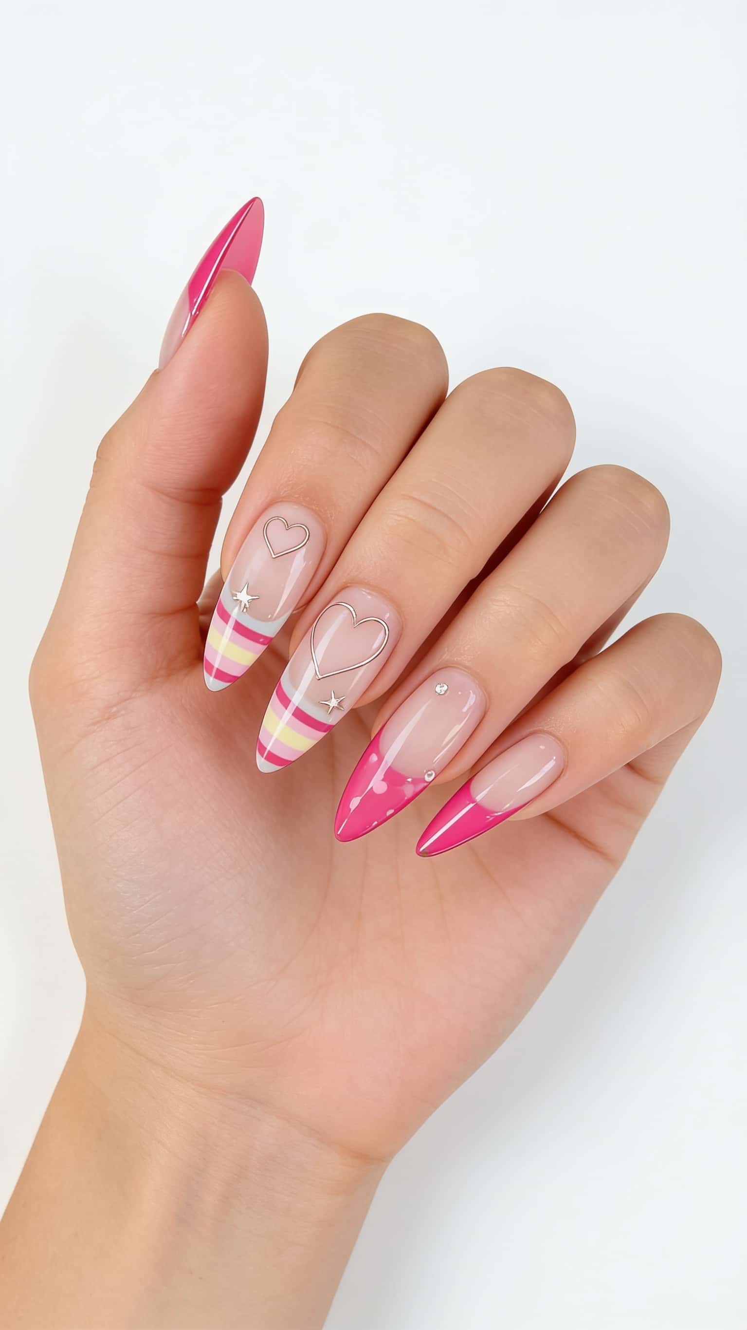 Long stiletto nails with a playful mix of pink heart tips, polka dots, pastel stripes, and 3D heart and star embellishments.