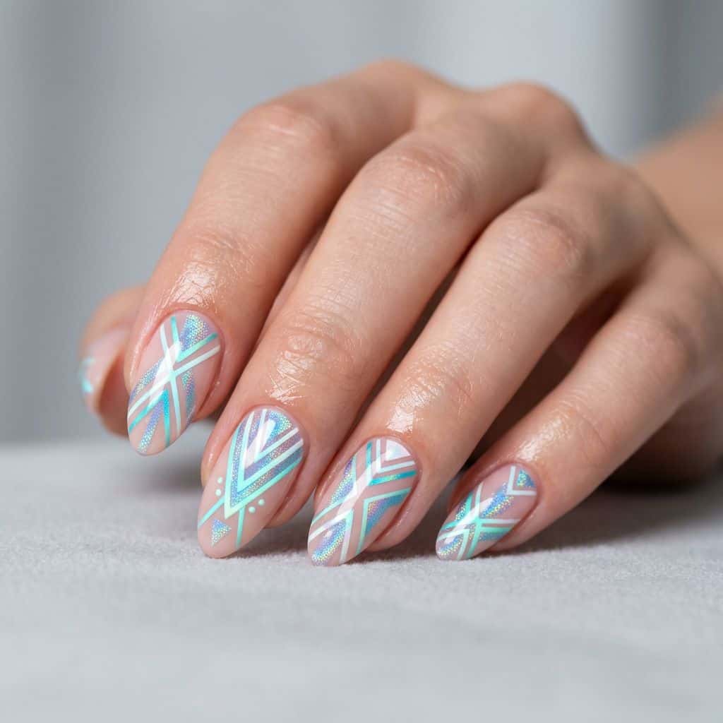 Glowing geometric patterns in shades of aqua, turquoise, and white, with a subtle holographic finish, on a nude pink base nail design