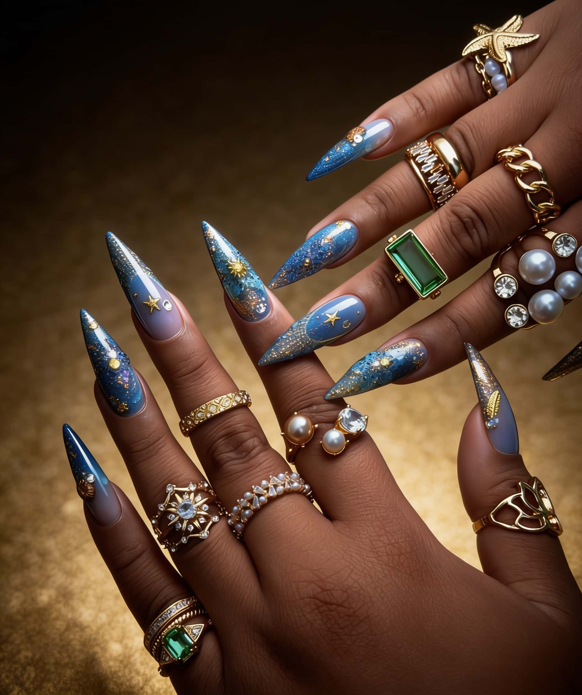 Long stiletto nails in blue glitter ombre with gold accents and 3D embellishments, high-gloss gel finish with fine holographic micro-shimmer across each nail