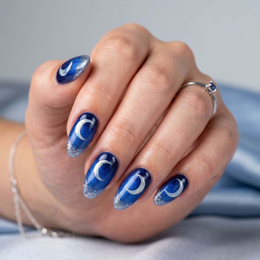 Iridescent silver crescent moons on a gradient blue ombre base, finished with a subtle shimmer and textured gel polish, with a wispy silver glitter overlay on t