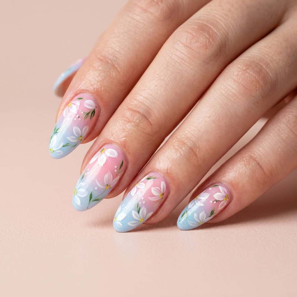 A vibrant, whimsical design featuring a gradient of pastel hues, from soft pink to baby blue, with delicate white florals and green leaves on a glossy finish. n