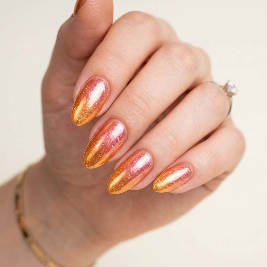 Warm, shimmering chrome nails with subtle gradient ombre effect, featuring golden orange and pink hues, and delicate micro-glitter accents