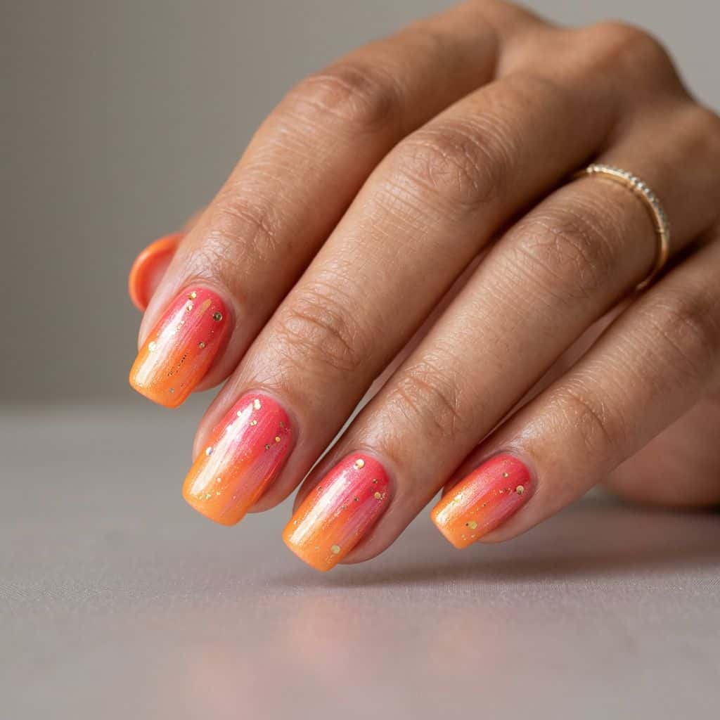 Vibrant coral to tangerine gradient nails with textured, iridescent finish, featuring an ombre effect with subtle, hand-painted brushstrokes and a delicate, sca